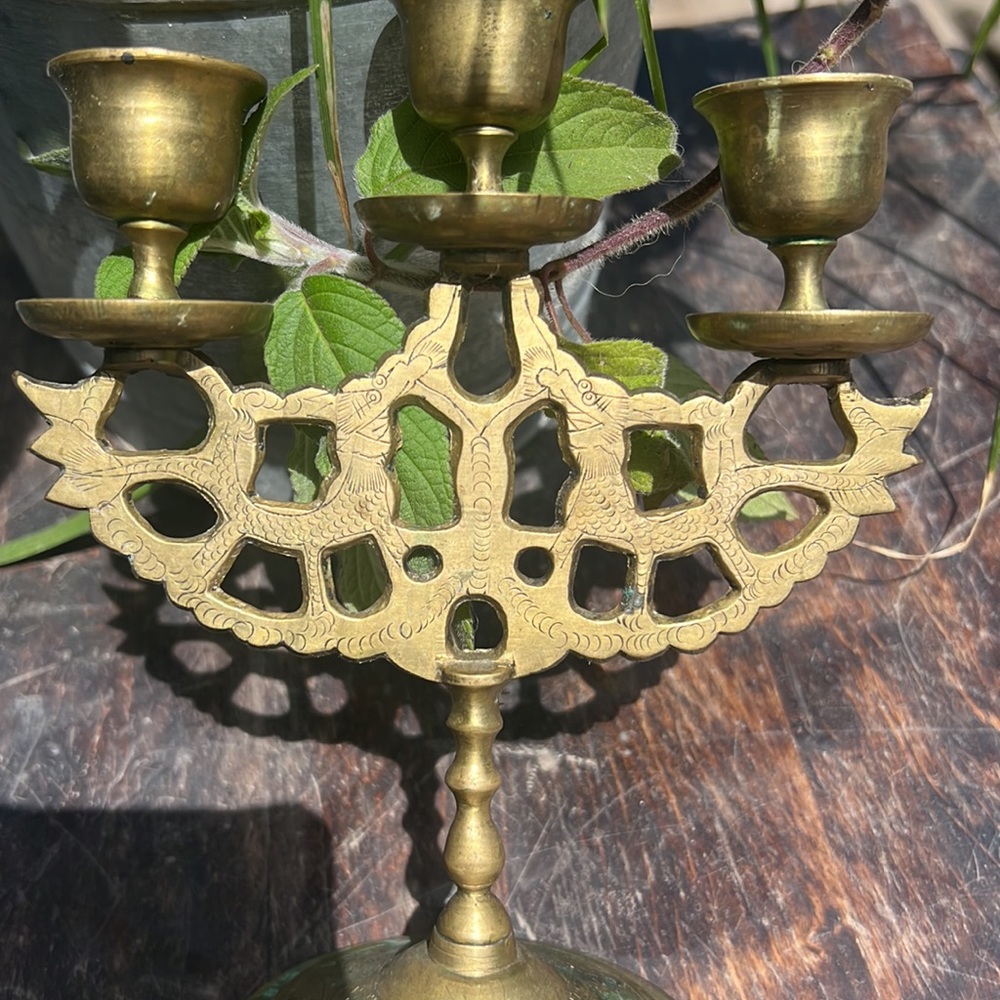 COPY - Brass Candelabra with etched Chinese dragons on both sides vintage MCM &…